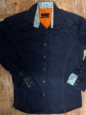 envy Men's Navy Blue Dress Shirt with Floral Trim and Orange Inner Yoke
